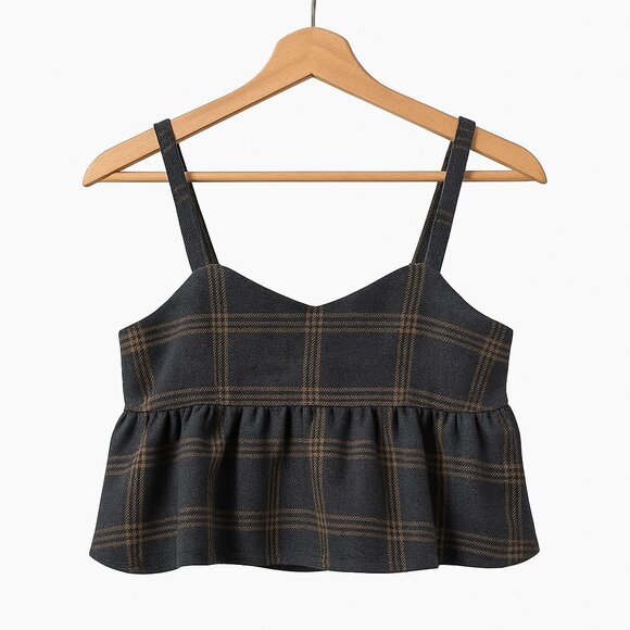 NWOT Hüming Plaid Babydoll Peplum Cropped Tank Top Dark Academia - Picture 1 of 12